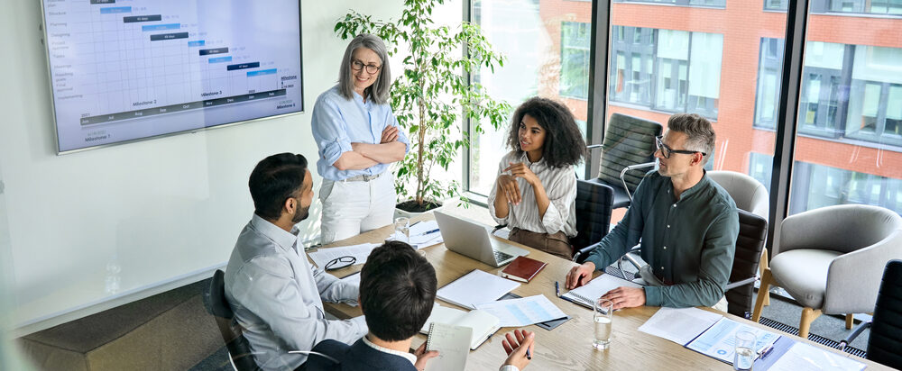 Senior,Female,Ceo,And,Multicultural,Business,People,Discussing,Company,Presentation