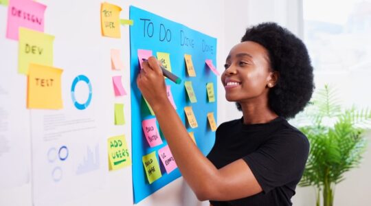 Black,Woman,Scrummaster,Writes,On,Kanban,Board,With,Ticket,Backlog,
