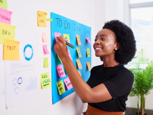 Black,Woman,Scrummaster,Writes,On,Kanban,Board,With,Ticket,Backlog,